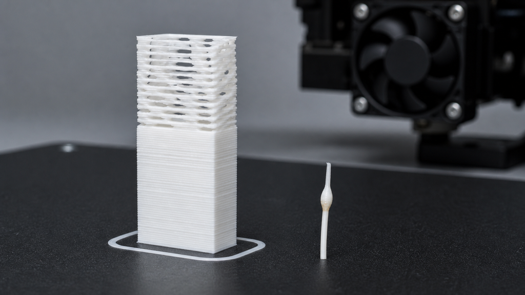 Print with clean lower walls and sparse upper extrusion beside a softened, swollen filament plug, consistent with a possible heat-creep jam.