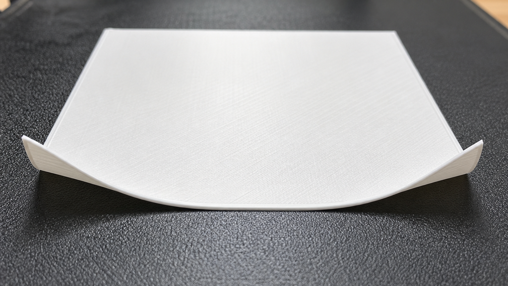 Thin white rectangular print lifted and bowed away from the build plate at its corners.