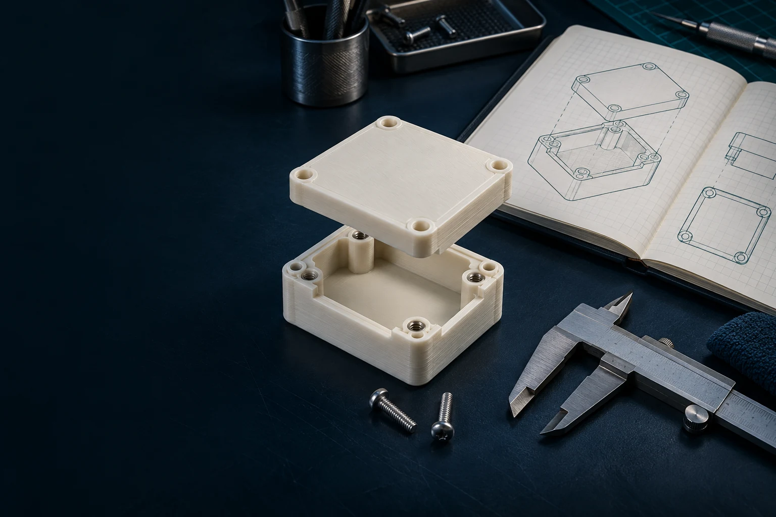Illustration of a printed enclosure, its assembly sketch, calipers, and fasteners on a workbench.
