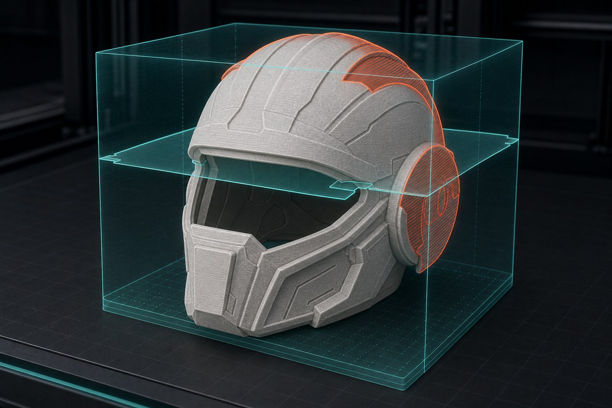 Off-white science-fiction helmet inside a transparent teal box, with its right-side section highlighted red-orange and two horizontal split planes shown.