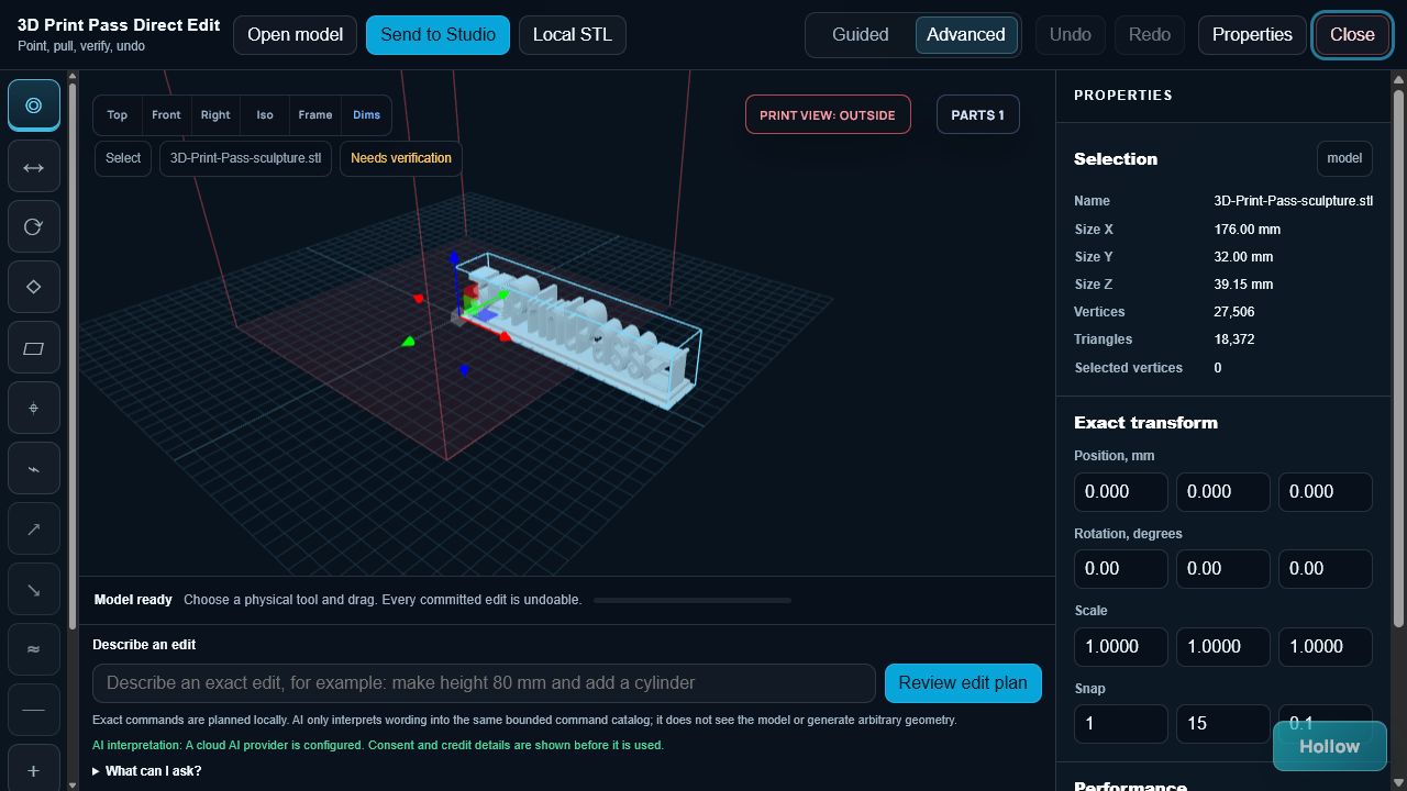 Direct Edit Advanced workspace with the model canvas, physical tool rail, Properties inspector, model views, parts, and status areas visible.