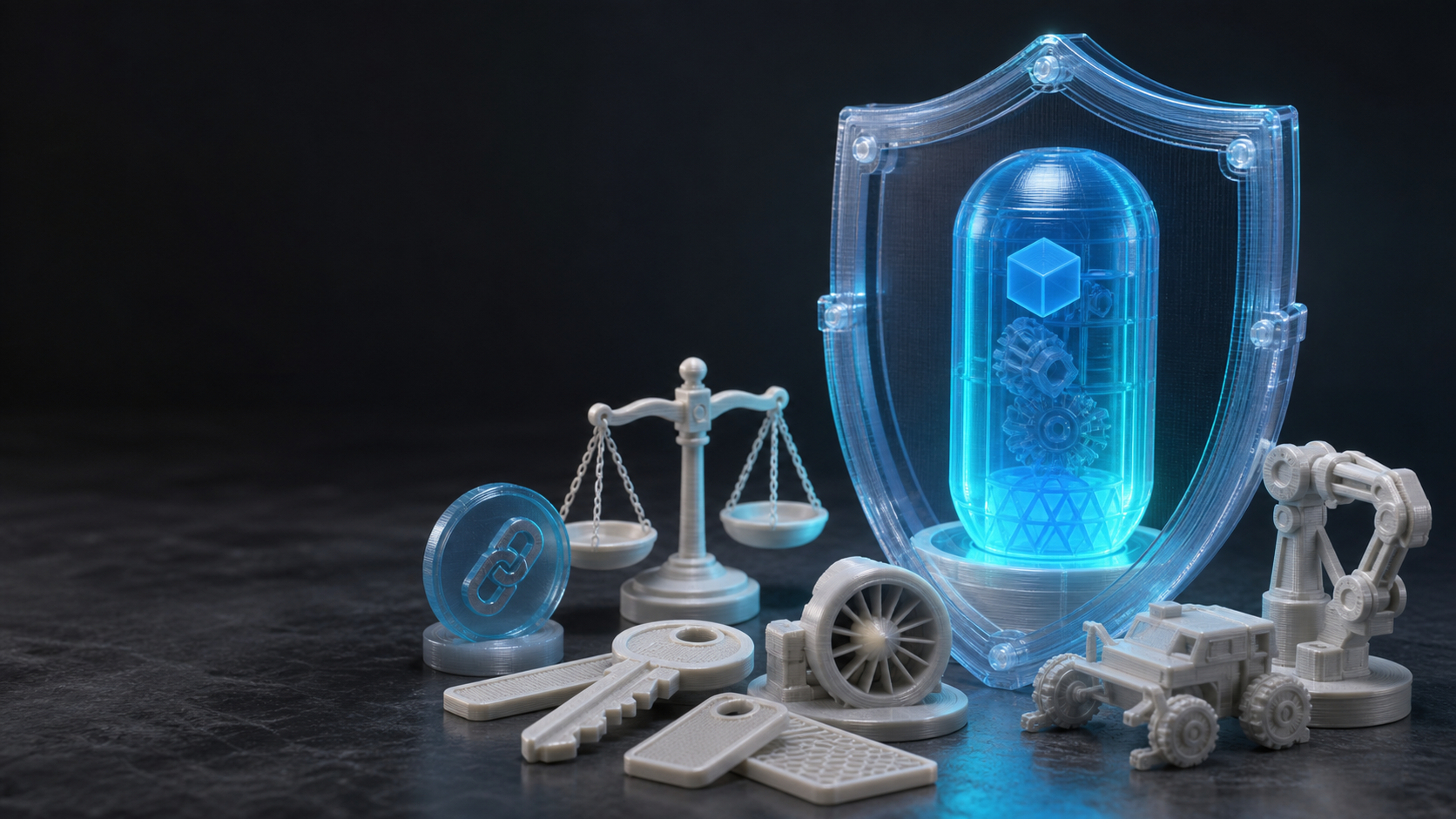 Printed legal, source, and security objects protecting a 3D model file.